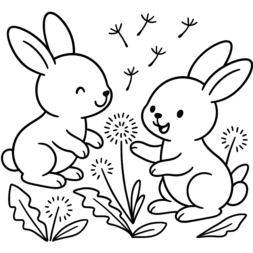 Twin Baby Rabbits Playing In Dandelions