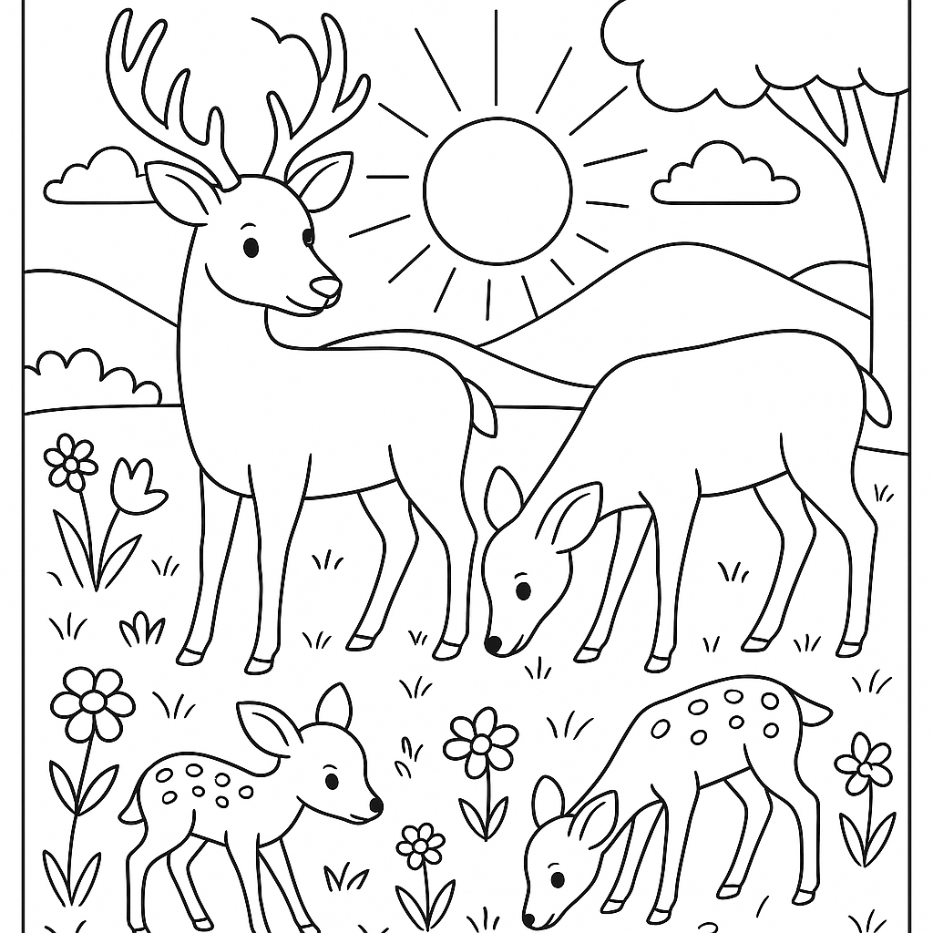 Deer Family Grazing In A Spring Meadow At Sunrise