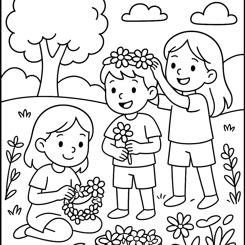 Children Making Flower Crowns From Daisies