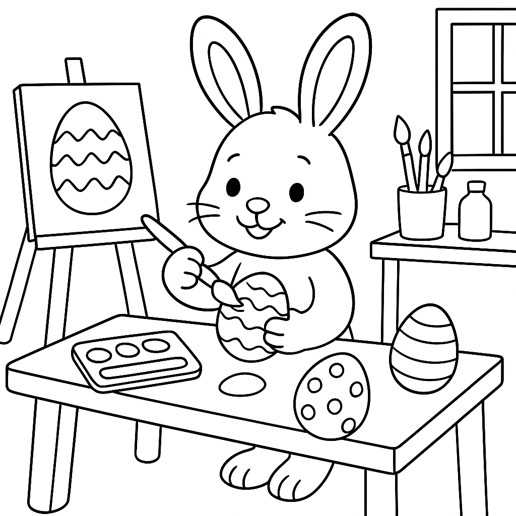 Easter Bunny Painting Eggs In Artist Workshop