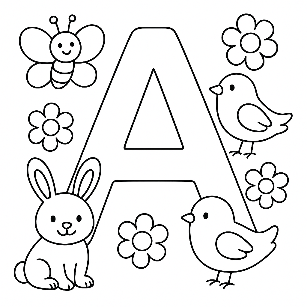 Letter A Decorated With Spring Animals And Flowers