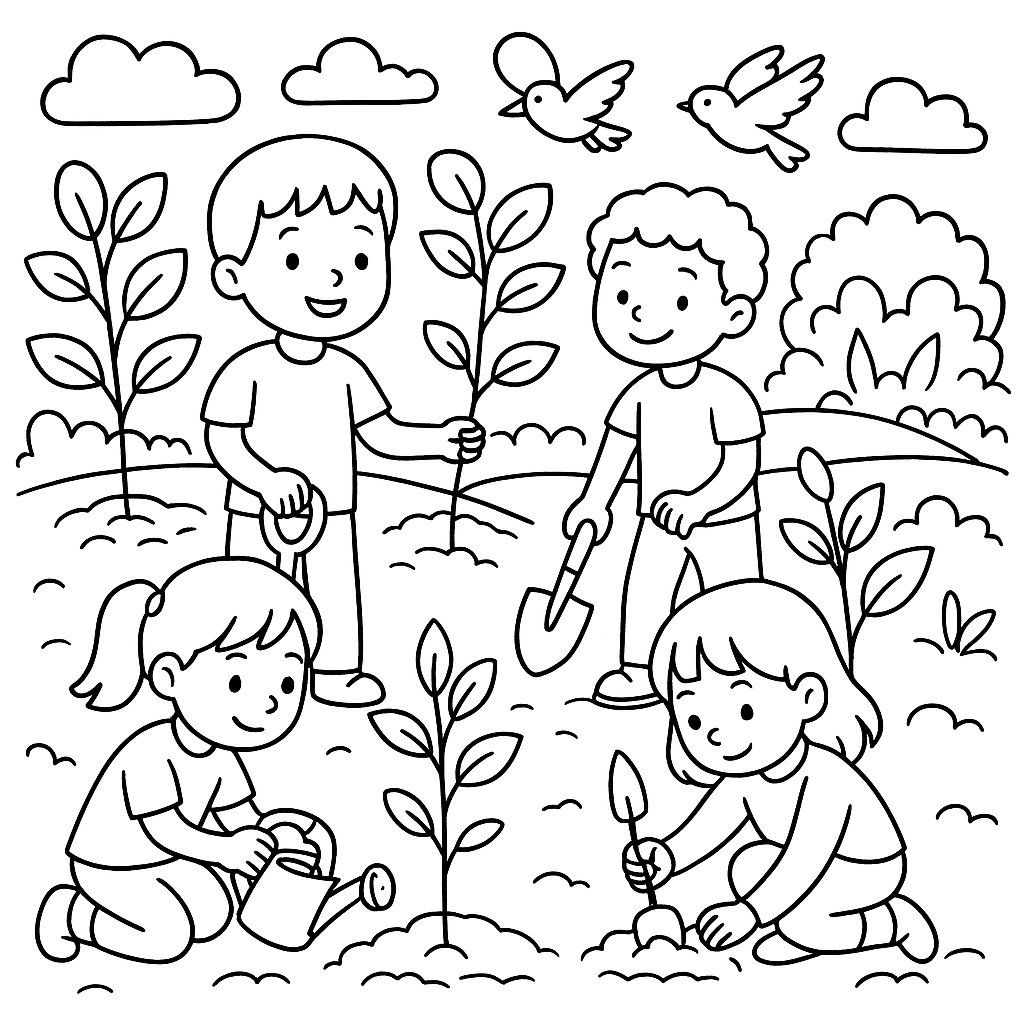 Children Planting Trees In A Community Garden