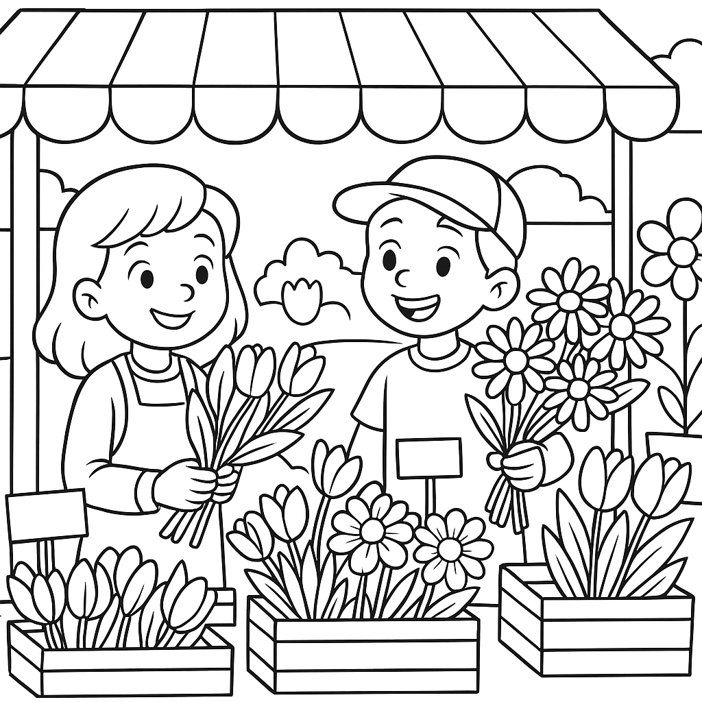 Children Selling Spring Flowers At Farmers Market With Price Tags