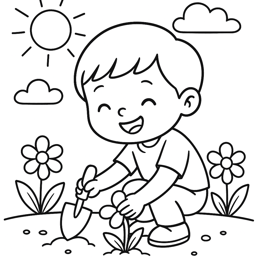 Child Feeling Happy While Planting Flowers