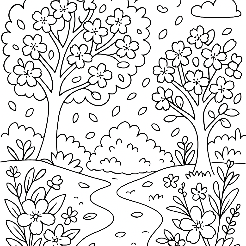 A Garden Scene With Blooming Cherry Blossoms And Falling Petals