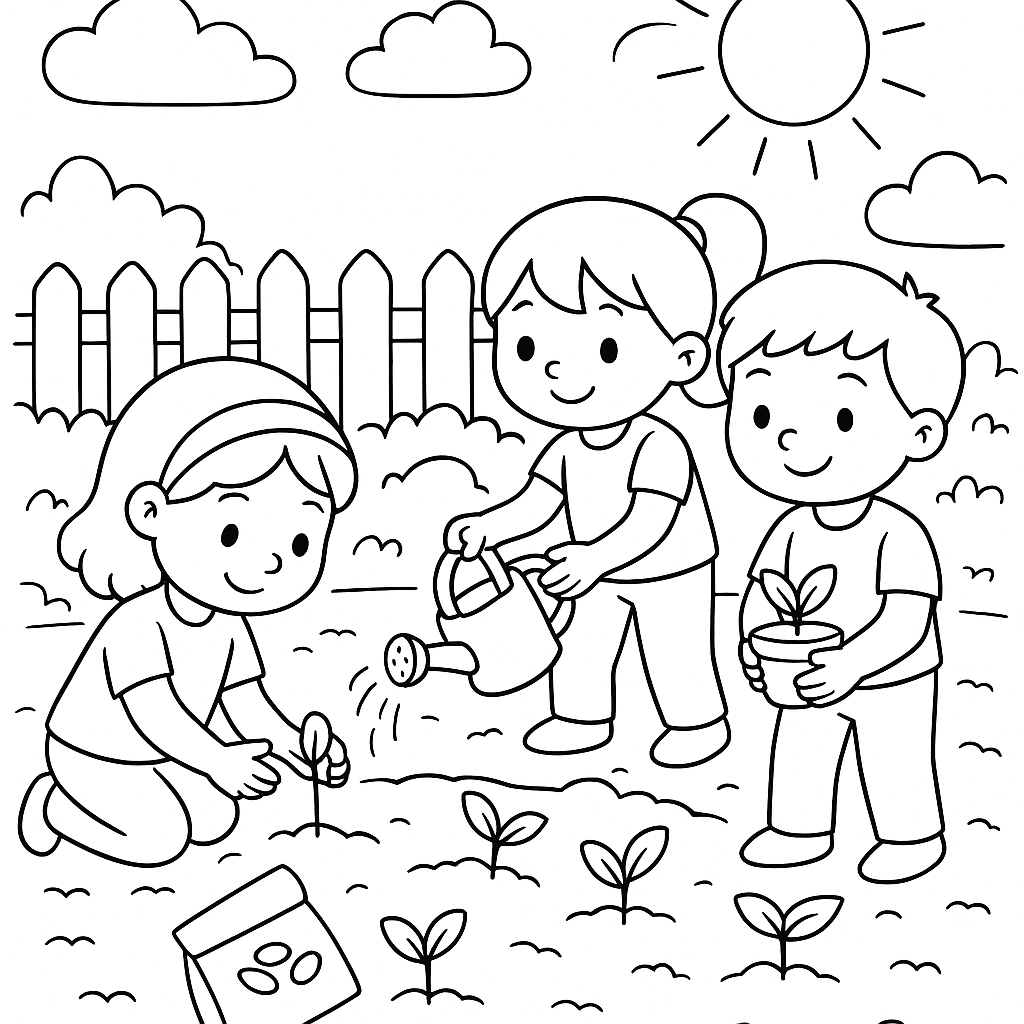 Children Planting Seeds In A Community Garden