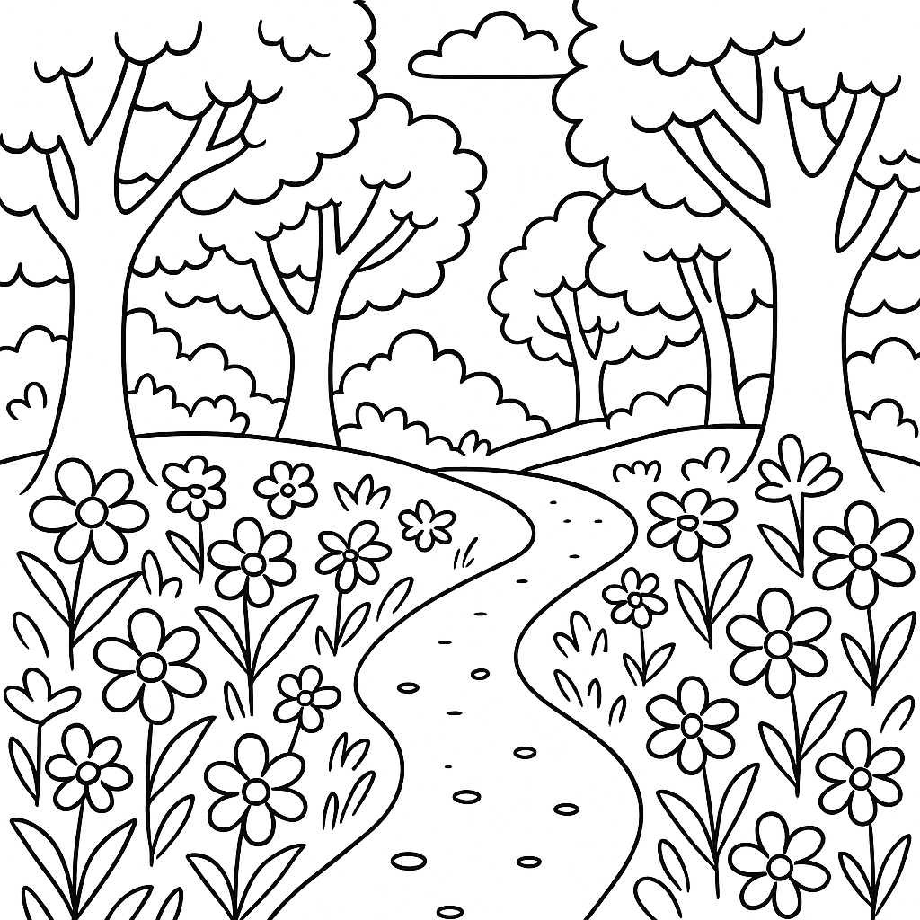 Forest Pathway Covered In Spring Wildflowers