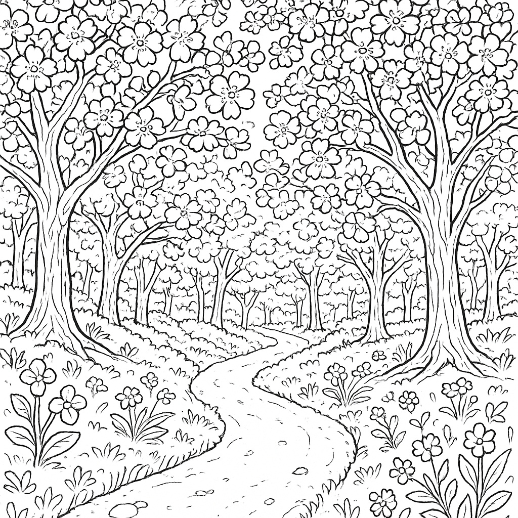 A Hiking Trail Through A Spring Forest With Wildflowers