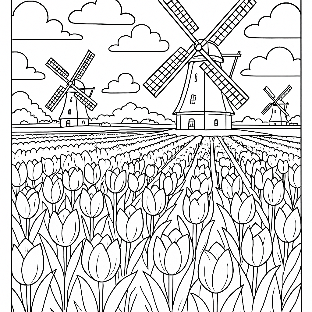 Dutch Tulip Fields With Traditional Windmills