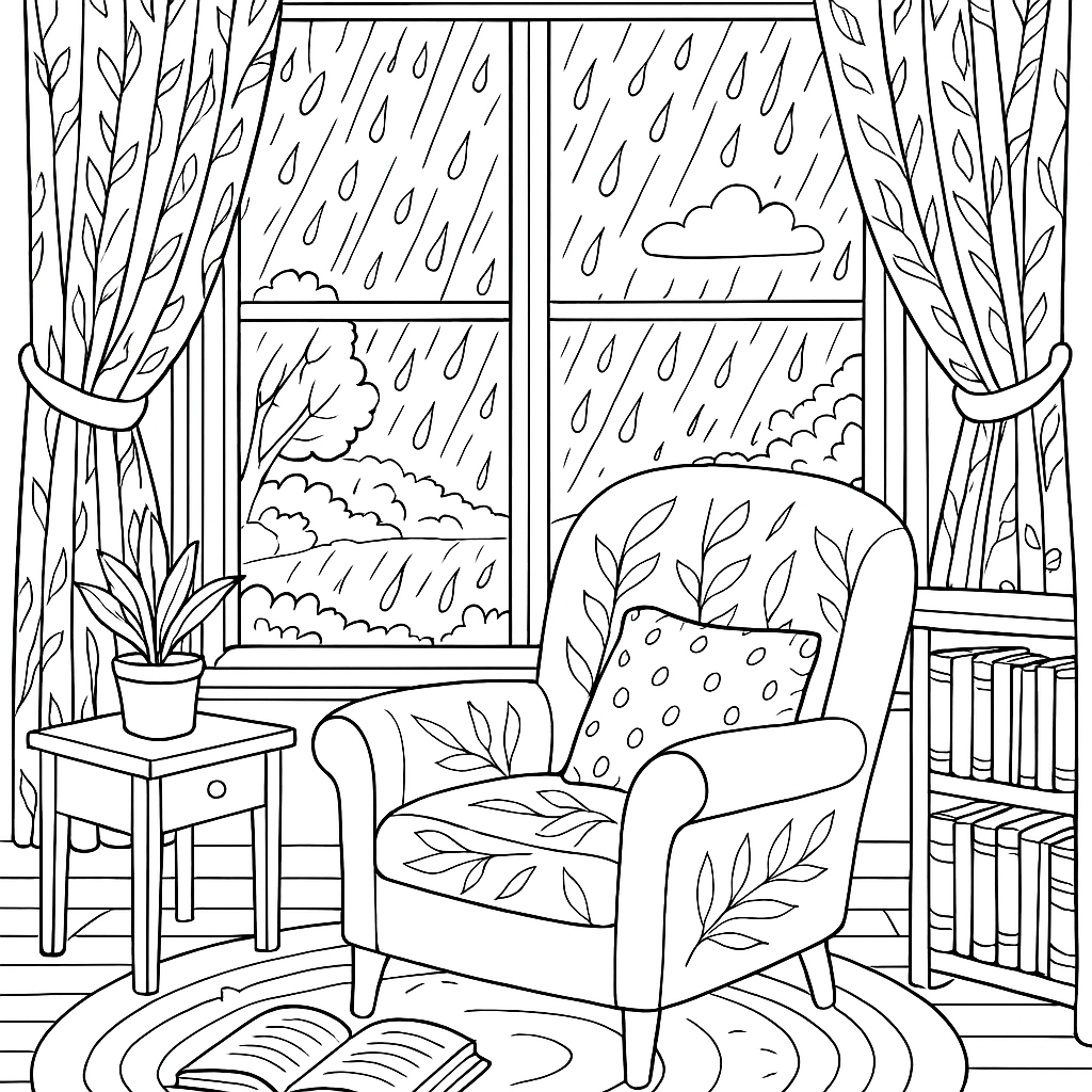 Reading Corner With Window View Of Spring Rain