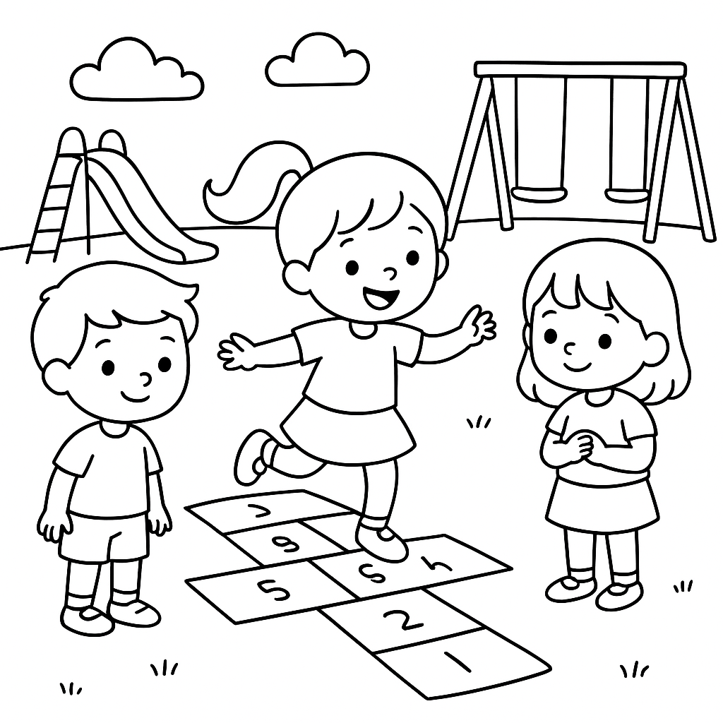 Children Playing Hopscotch On A Sidewalk With Chalk Squares