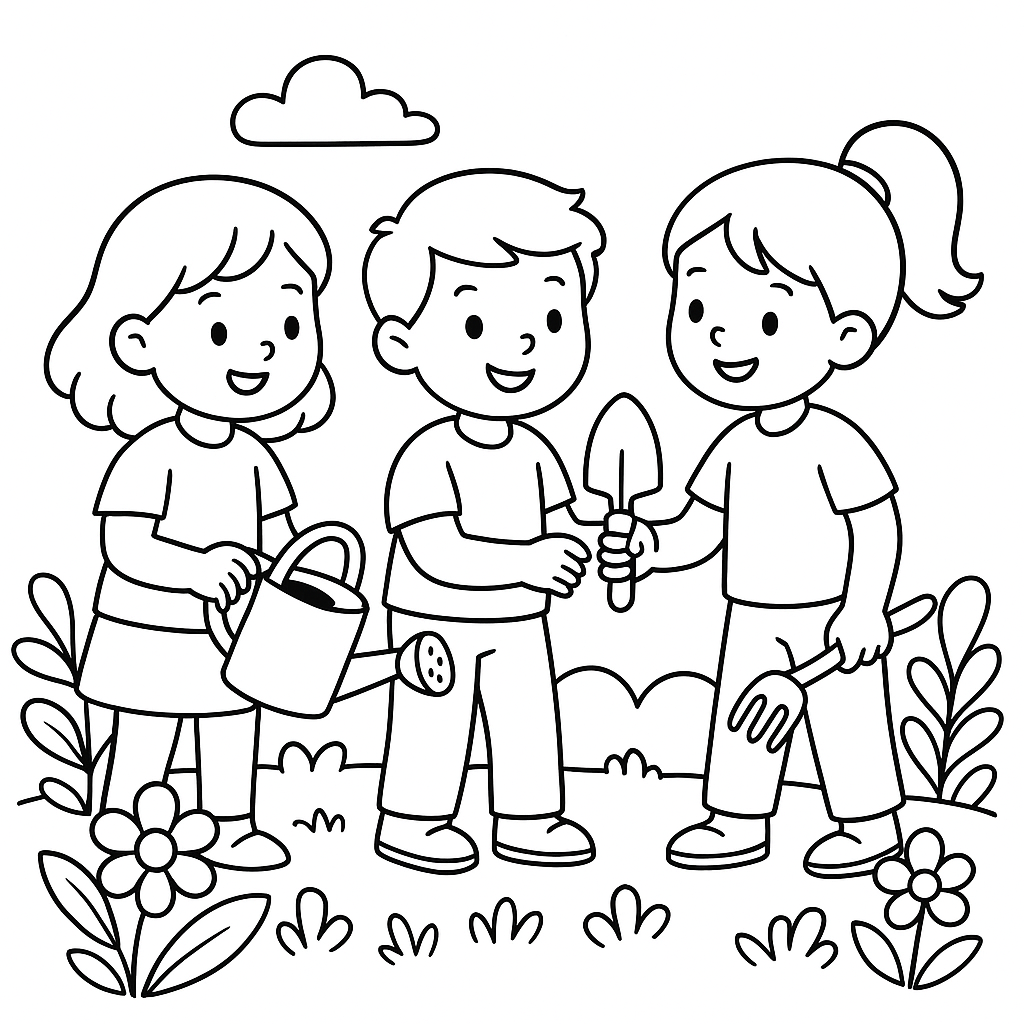 Children Sharing Garden Tools And Working Together