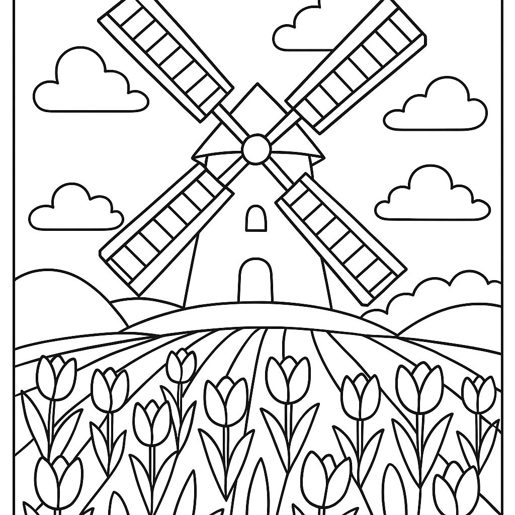 Dutch Windmill Surrounded By Colorful Tulip Fields