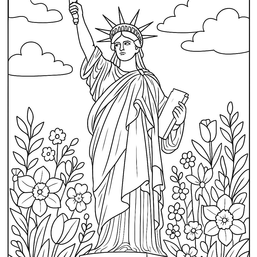 Statue Of Liberty With Spring Flowers At Base