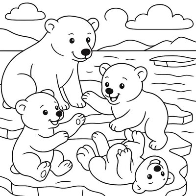 Polar Bear Cubs Playing On Ice Floe With Mother Watching