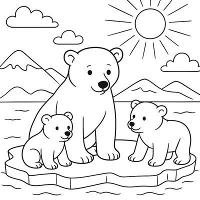 Polar Bear Family On Ice Floe With Spring Sun In Arctic Sky