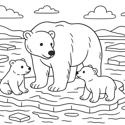 Polar Bear Mother And Cubs On Melting Spring Ice