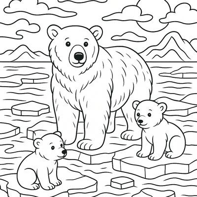 Polar Bear Mother With Cubs On Melting Ice