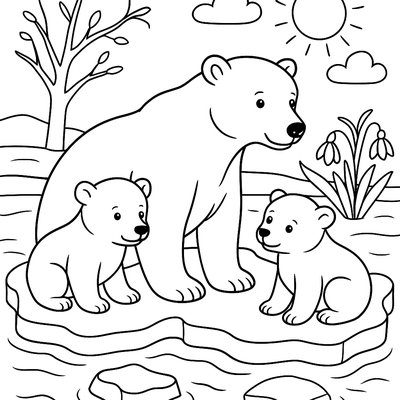 Polar Bear With Cubs On Melting Ice Floe In Spring