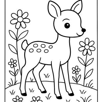 A Baby Deer (fawn) With Spots Playing In Wildflowers