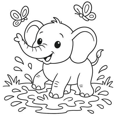 A Baby Elephant Splashing In A Mud Puddle With Its Trunk Raised