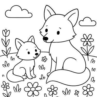A Baby Fox With Its Mother In A Spring Flower Meadow