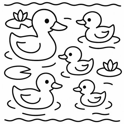 A Duckling Family Swimming In A Pond With Lily Pads