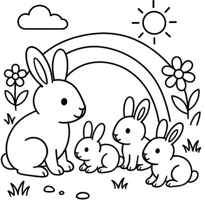 A Family Of Rabbits With Babies In A Spring Burrow