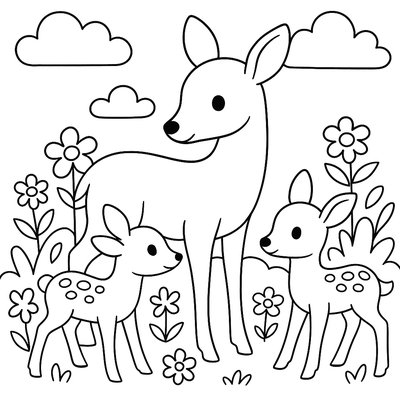 A Mother Deer With Twin Fawns In A Flower-filled Meadow