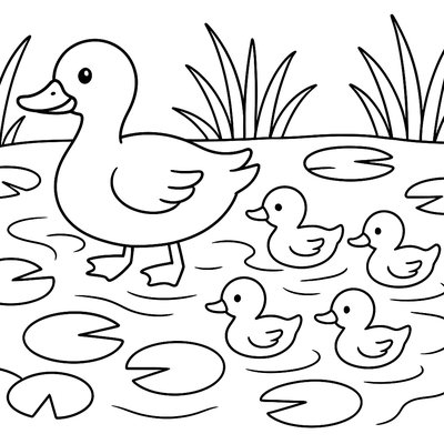 A Mother Duck Leading Her Ducklings Across A Pond With Lily Pads
