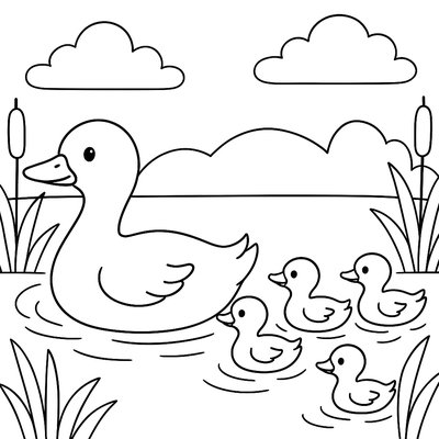 A Mother Duck Leading Her Ducklings Across A Pond