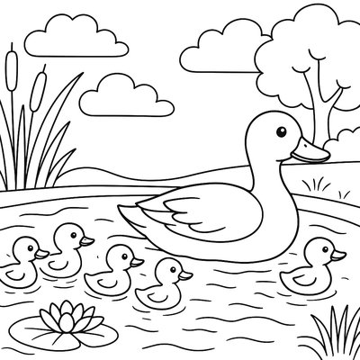 A Mother Duck With Ducklings Crossing A Pond