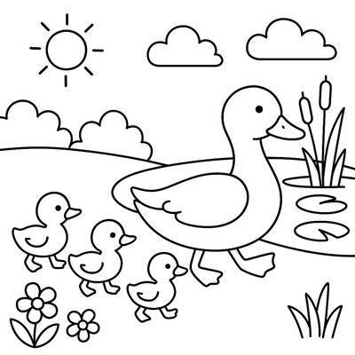 Baby Ducklings Following Their Mother To A Pond