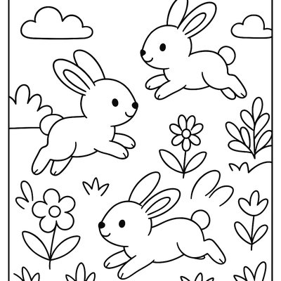Baby Rabbits Hopping Through A Garden