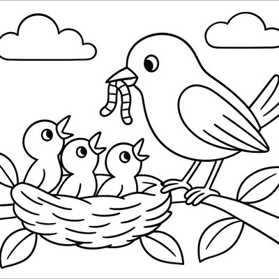 Baby Robins In A Nest With Their Mother Bringing Worms