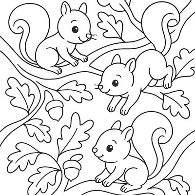 Baby Squirrels Playing In Oak Tree Branches