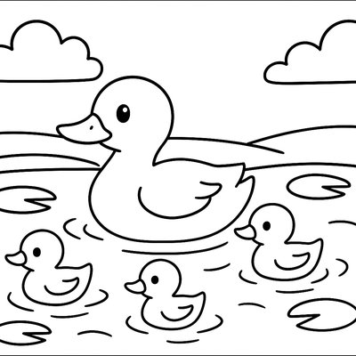 Duckling Family Swimming In Pond With Lily Pads