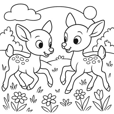 Twin Baby Deer Frolicking In A Meadow