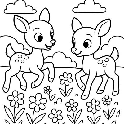 Twin Baby Deer Playing In Spring Flowers