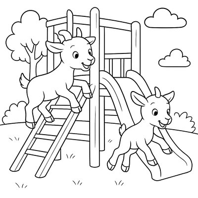Twin Baby Goats Playing On A Wooden Playground