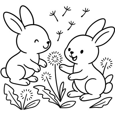 Twin Baby Rabbits Playing In Dandelions