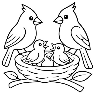 A Cardinal Family With Baby Birds In Nest