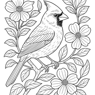 A Cardinal Perched On A Flowering Dogwood Branch