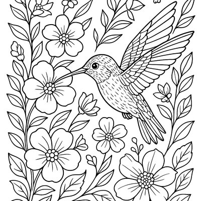 A Hummingbird Feeding At Spring Flowers