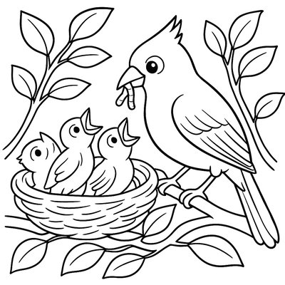 A Mother Cardinal Feeding Worms To Baby Birds In Nest