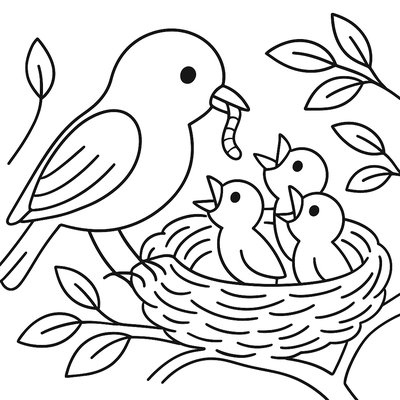 A Mother Robin Feeding Worms To Baby Birds In Nest