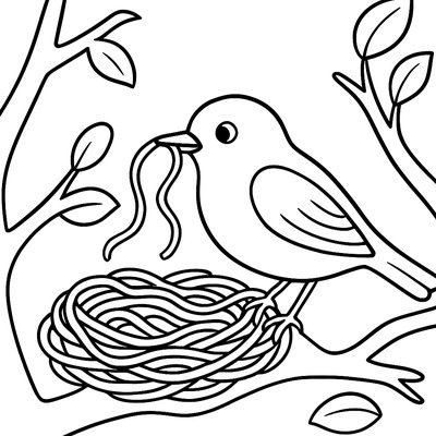 A Robin Building A Nest In An Apple Blossom Tree