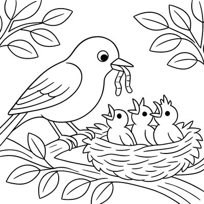 A Robin Feeding Worms To Baby Birds In A Nest