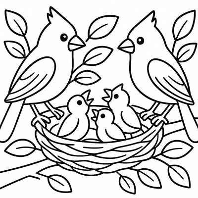 Cardinal Family Feeding Babies In A Nest Among Spring Leaves