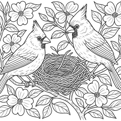 Cardinal Pair Building Nest In Shrub